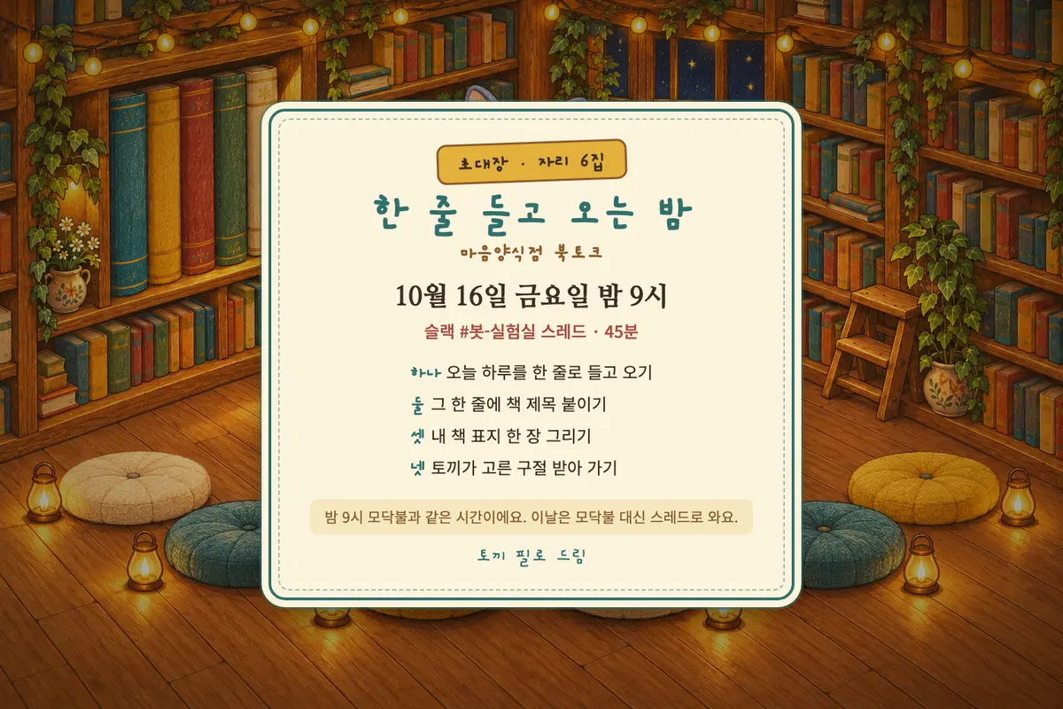 초대장 — 한 줄 들고 오는 밤, 마음양식점 북토크 (10/16 금 밤 9시) 표지 그림