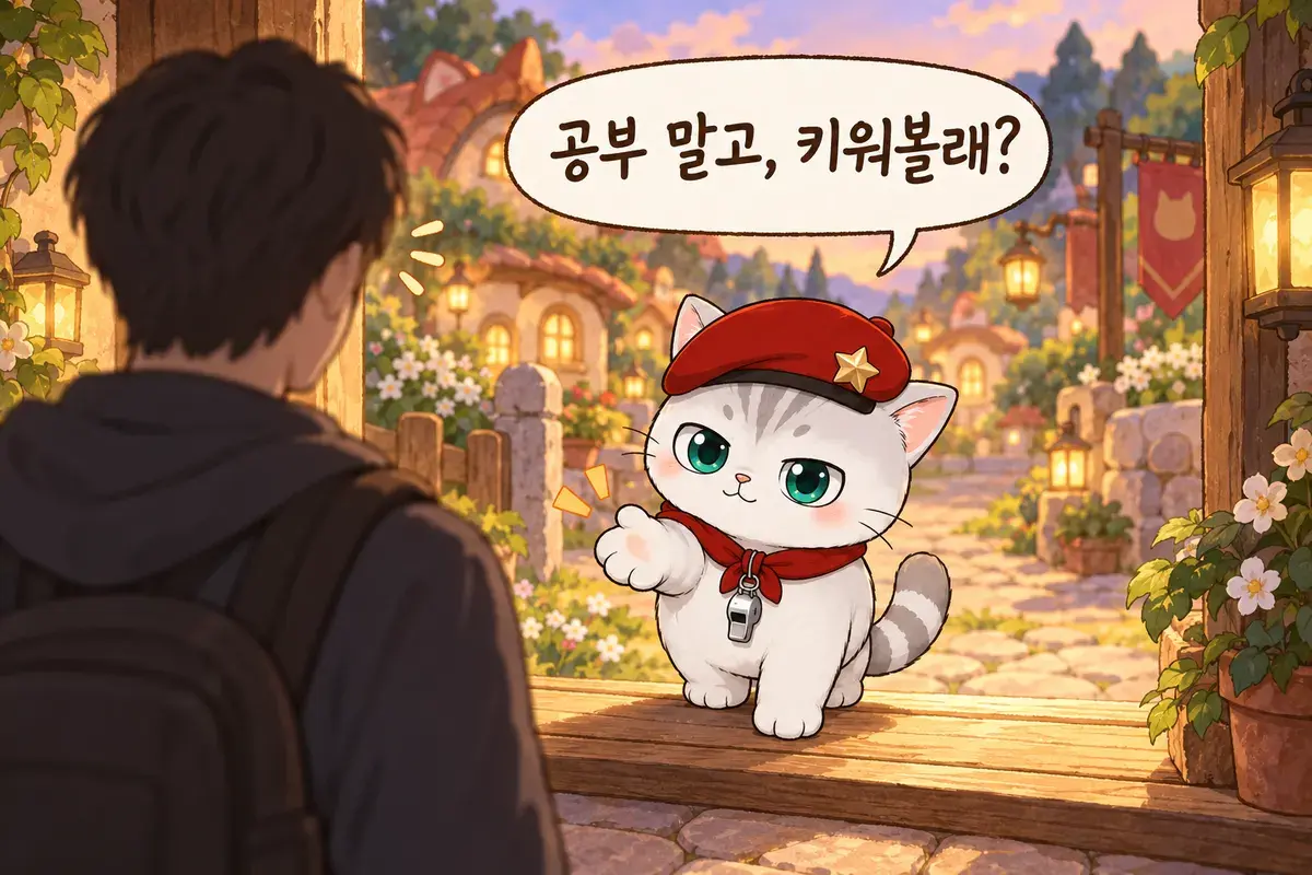 문턱 앞에서 망설이는 사람에게 앞발을 내미는 뽀야