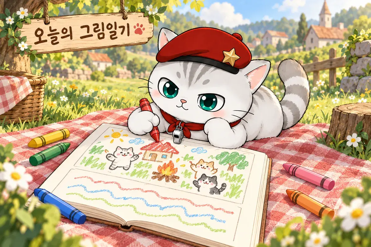 크레용으로 그림일기를 쓰는 뽀야