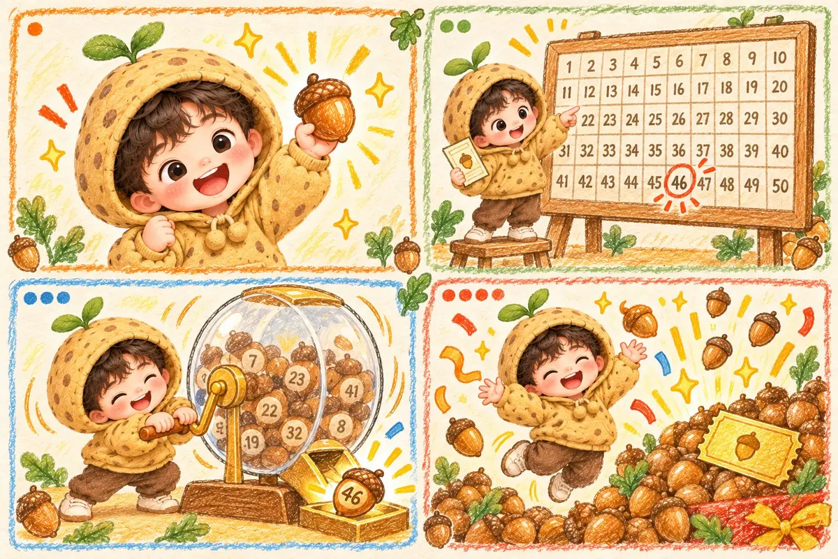 감자가 그린 도또 설명 만화. 도토리 한 알을 내고, 번호를 고르고, 추첨하고, 도토리 더미를 받아요