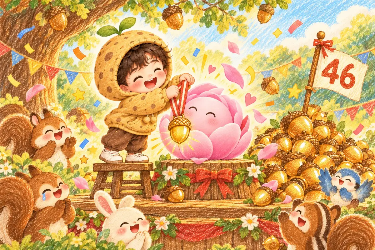 감자가 피오나에게 금빛 도토리 메달을 걸어 주는 그림. 다람쥐와 토끼 친구들이 박수를 쳐요