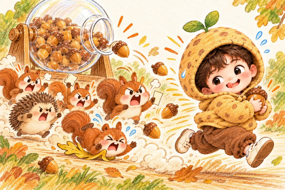 도토리를 안고 신나게 도망가는 감자와, 도토리를 뺏으려고 쫓아오는 다람쥐와 고슴도치들
